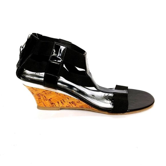 Lane Bryant‎ Womens T Strap Wedge Sandals Cork Midsole Zip Strappy Black 9W - Picture 1 of 10